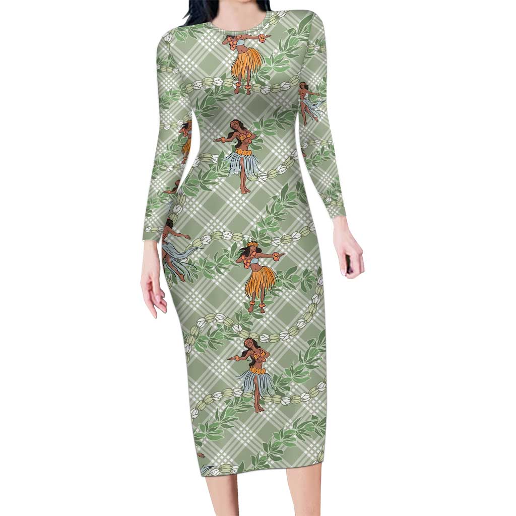 Mint Palaka Hula Girls Seamless Hawaii Aloha Long Sleeve Bodycon Dress LT7 Long Dress Mint - Polynesian Pride
