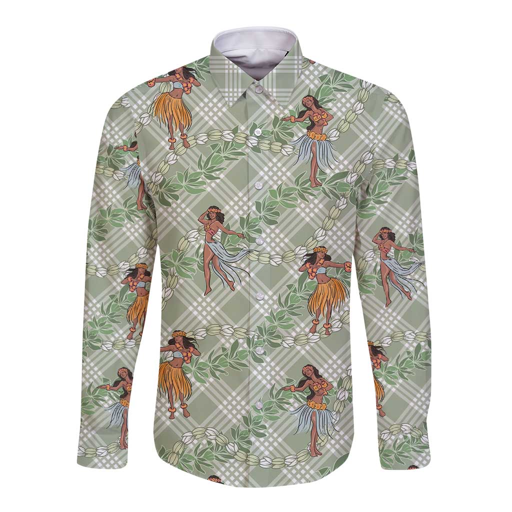 Mint Palaka Hula Girls Seamless Hawaii Aloha Long Sleeve Button Shirt LT7 Unisex Mint - Polynesian Pride