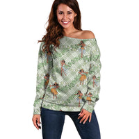 Mint Palaka Hula Girls Seamless Hawaii Aloha Off Shoulder Sweater LT7 Women Mint - Polynesian Pride