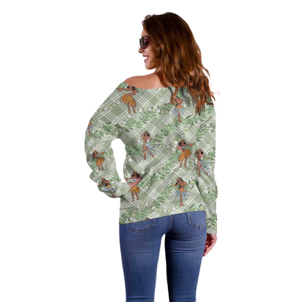 Mint Palaka Hula Girls Seamless Hawaii Aloha Off Shoulder Sweater LT7 - Polynesian Pride