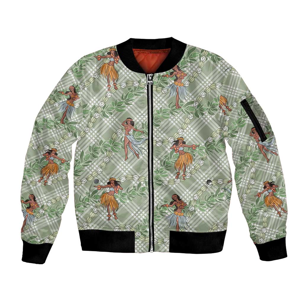 Mint Palaka Hula Girls Seamless Hawaii Aloha Sleeve Zip Bomber Jacket LT7 Unisex Mint - Polynesian Pride