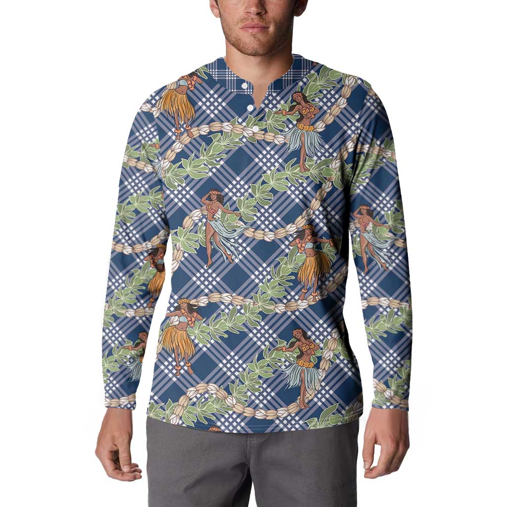 Navy Blue Palaka Hula Girls Seamless Hawaii Aloha Button Sweatshirt LT7 - Polynesian Pride