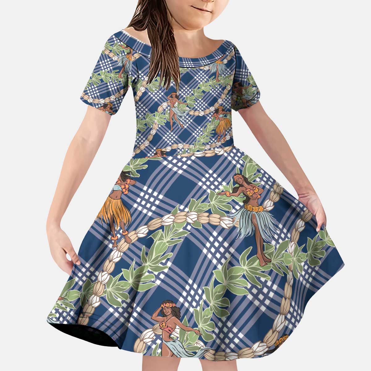 Navy Blue Palaka Hula Girls Seamless Hawaii Aloha Kid Short Sleeve Dress LT7 KID Navy Blue - Polynesian Pride