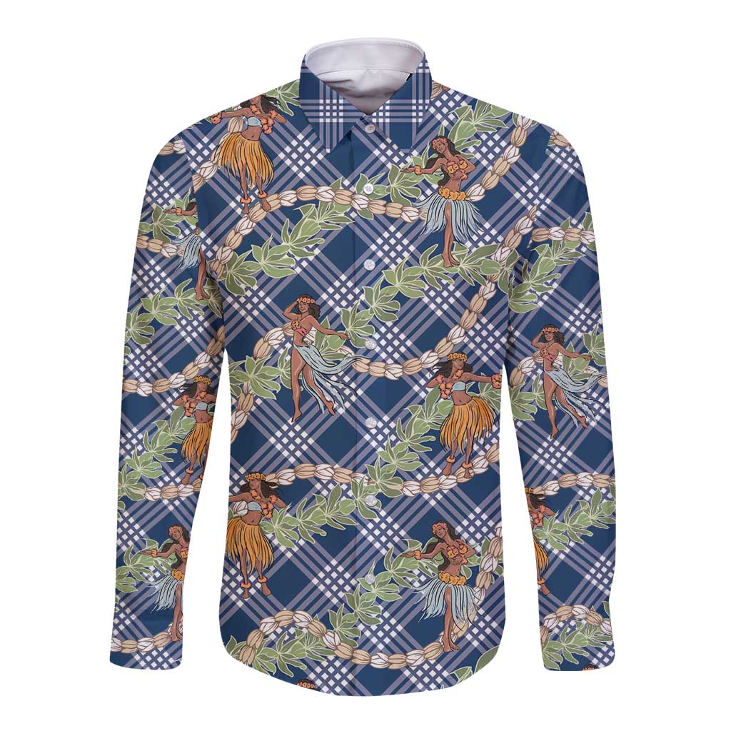 Navy Blue Palaka Hula Girls Seamless Hawaii Aloha Long Sleeve Button Shirt LT7 Unisex Navy Blue - Polynesian Pride