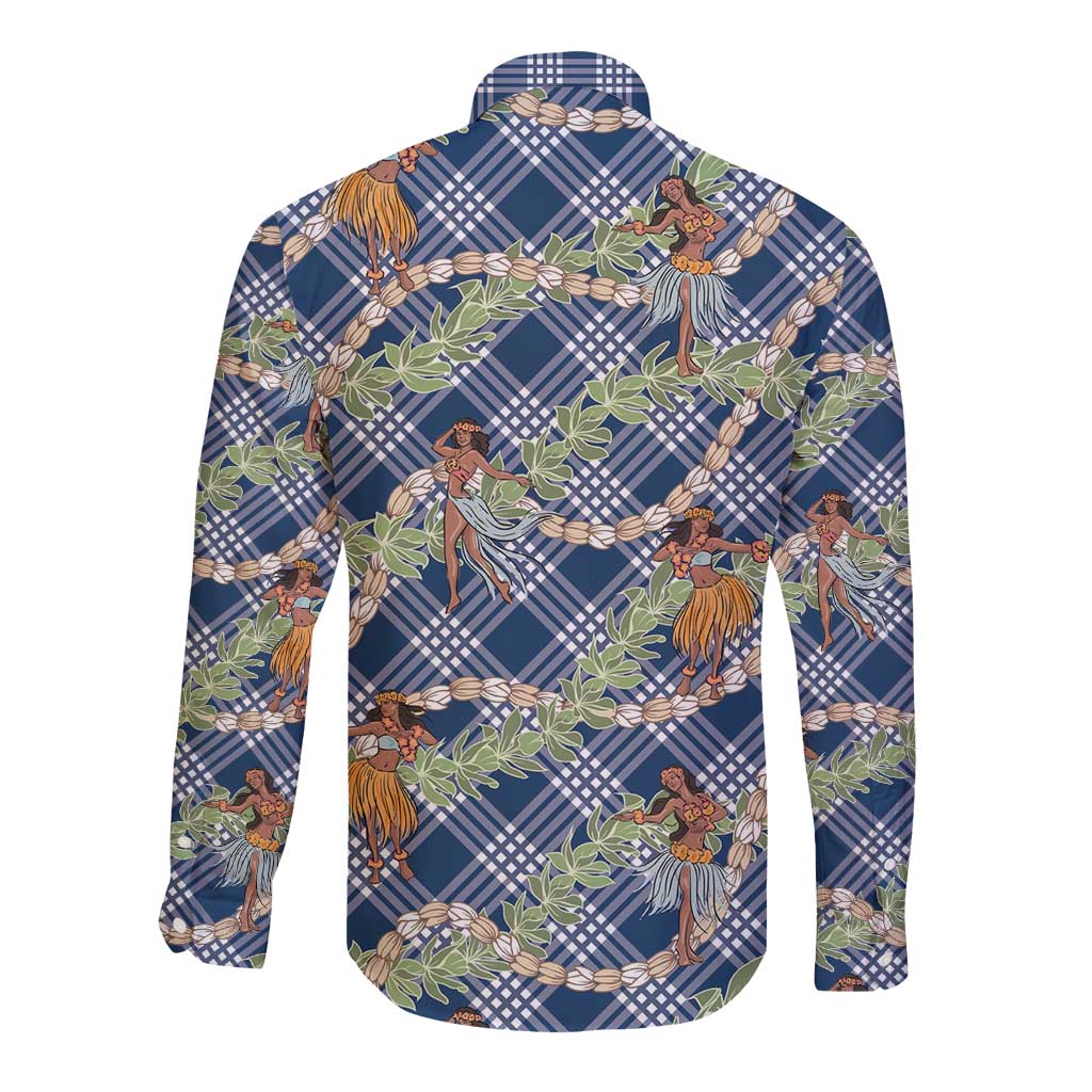 Navy Blue Palaka Hula Girls Seamless Hawaii Aloha Long Sleeve Button Shirt LT7 - Polynesian Pride