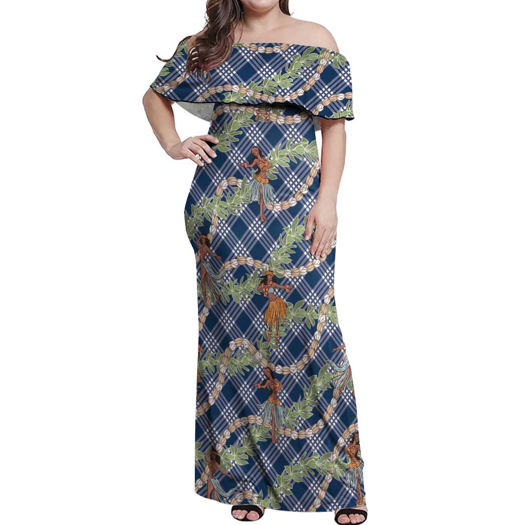 Navy Blue Palaka Hula Girls Seamless Hawaii Aloha Off Shoulder Maxi Dress LT7 Women Navy Blue - Polynesian Pride