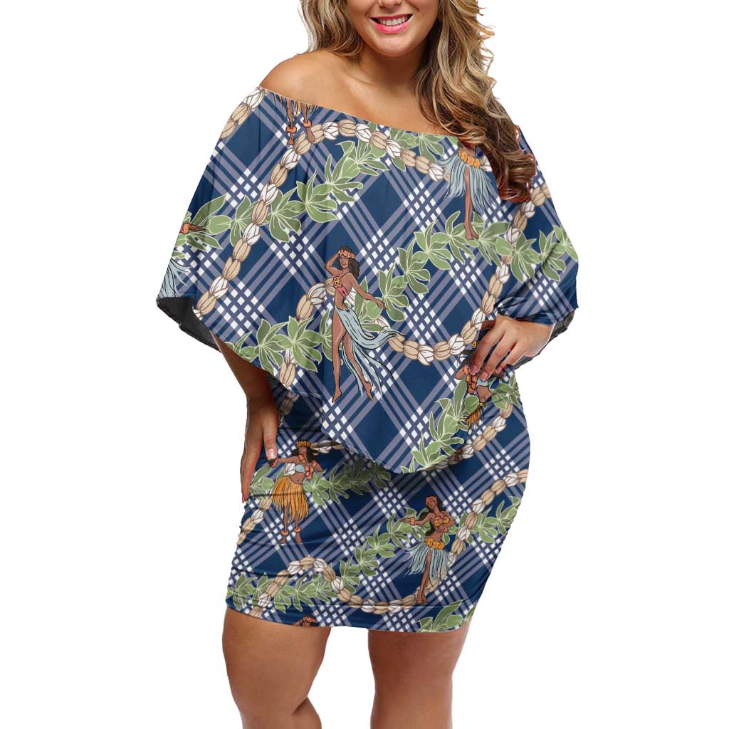 Navy Blue Palaka Hula Girls Seamless Hawaii Aloha Off Shoulder Short Dress LT7 Women Navy Blue - Polynesian Pride
