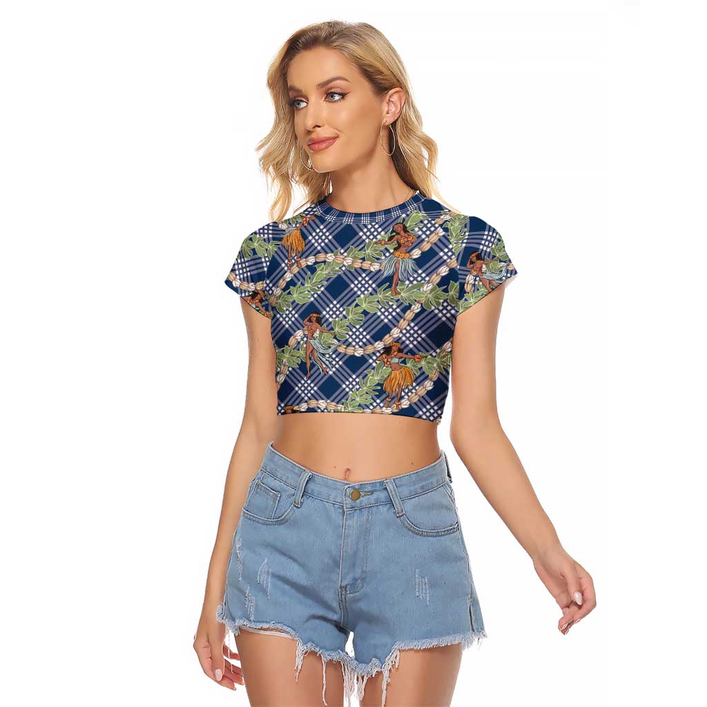 Navy Blue Palaka Hula Girls Seamless Hawaii Aloha Raglan Cropped T Shirt LT7 Female Navy Blue - Polynesian Pride