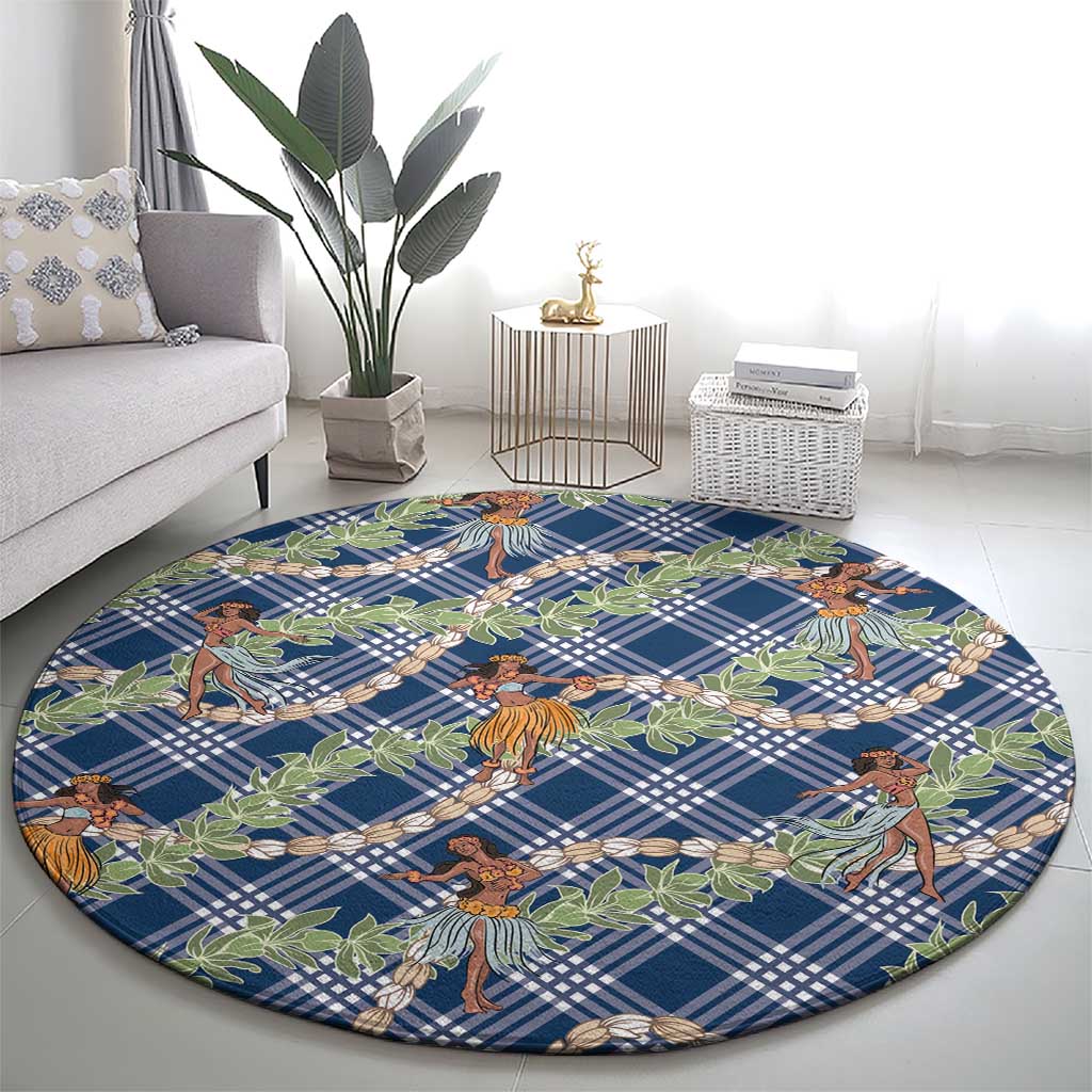 Navy Blue Palaka Hula Girls Seamless Hawaii Aloha Round Carpet LT7 - Polynesian Pride