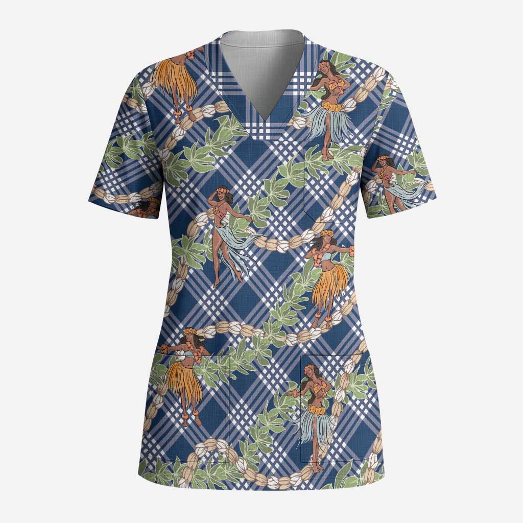 Navy Blue Palaka Hula Girls Seamless Hawaii Aloha Scrub Top LT7 Adult Navy Blue - Polynesian Pride