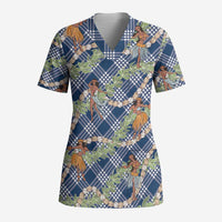 Navy Blue Palaka Hula Girls Seamless Hawaii Aloha Scrub Top LT7 Adult Navy Blue - Polynesian Pride