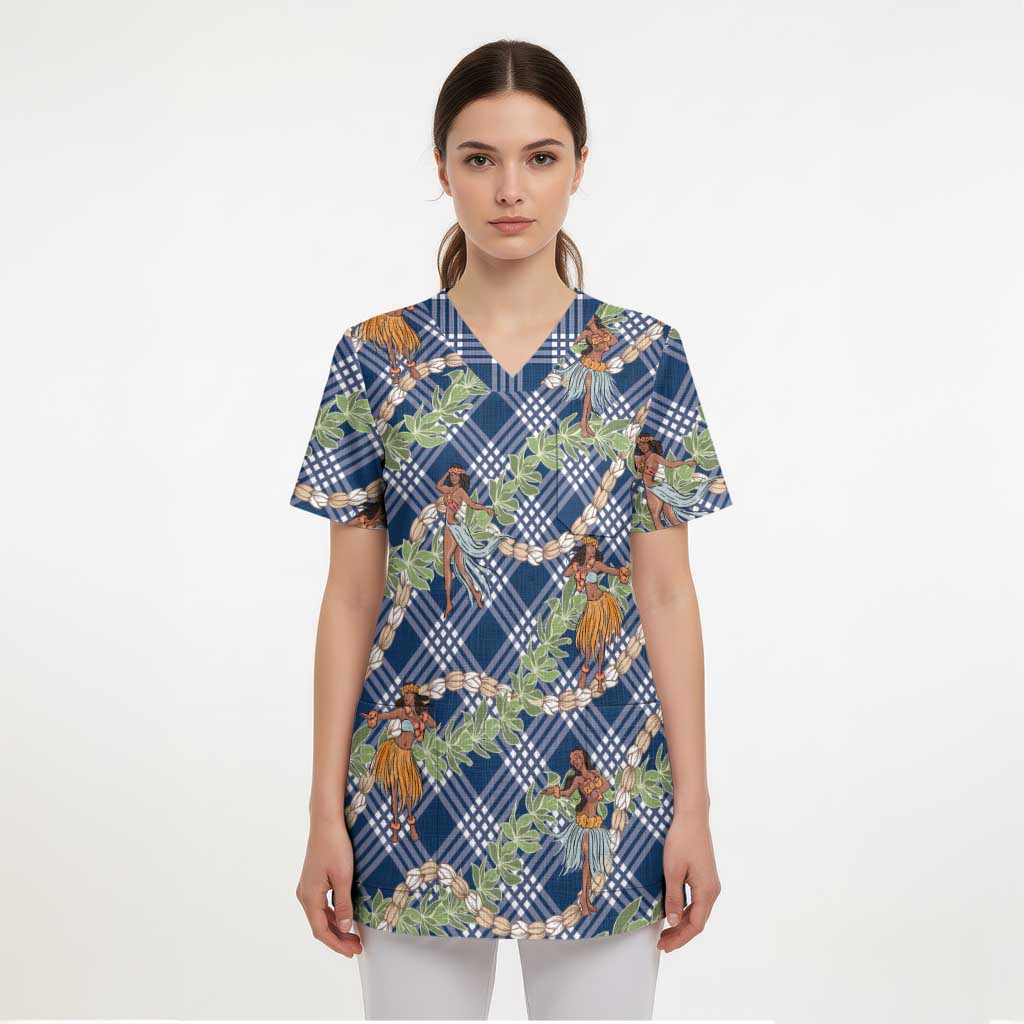 Navy Blue Palaka Hula Girls Seamless Hawaii Aloha Scrub Top LT7 - Polynesian Pride