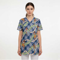 Navy Blue Palaka Hula Girls Seamless Hawaii Aloha Scrub Top LT7 - Polynesian Pride