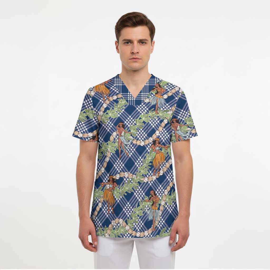 Navy Blue Palaka Hula Girls Seamless Hawaii Aloha Scrub Top LT7 - Polynesian Pride