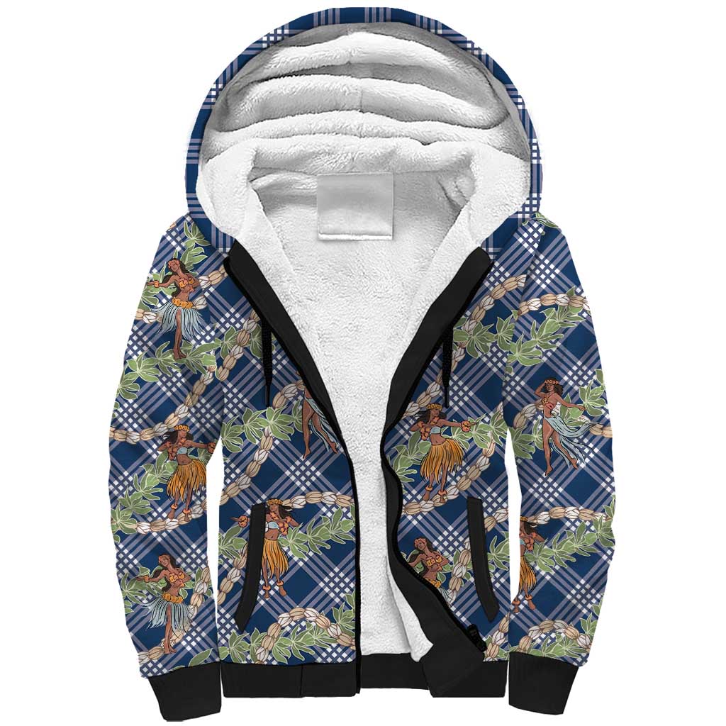 Navy Blue Palaka Hula Girls Seamless Hawaii Aloha Sherpa Hoodie LT7 Unisex Navy Blue - Polynesian Pride