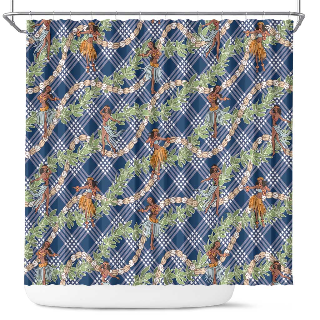 Navy Blue Palaka Hula Girls Seamless Hawaii Aloha Shower Curtain LT7 Navy Blue - Polynesian Pride