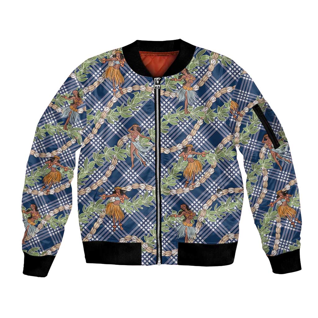 Navy Blue Palaka Hula Girls Seamless Hawaii Aloha Sleeve Zip Bomber Jacket LT7 Unisex Navy Blue - Polynesian Pride