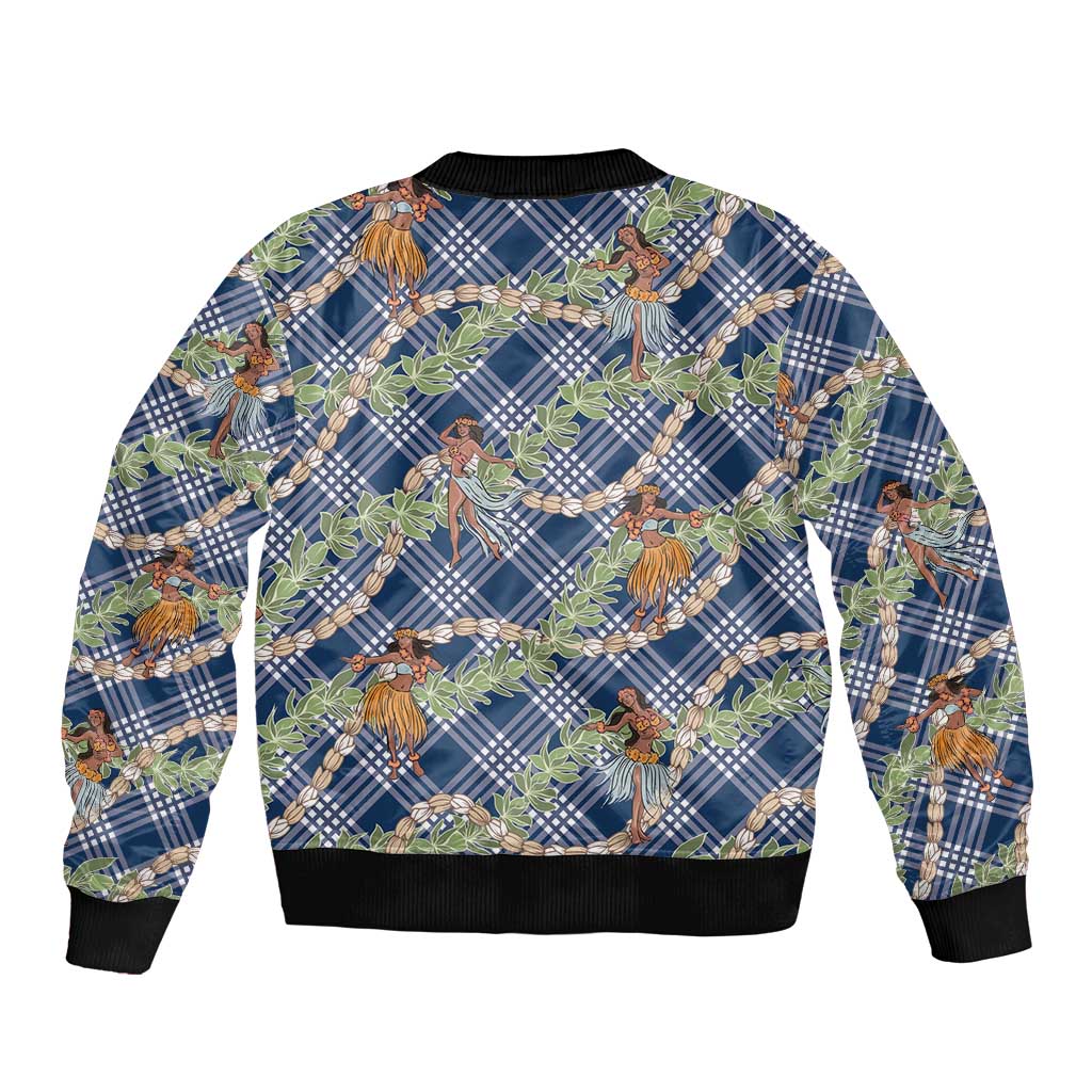 Navy Blue Palaka Hula Girls Seamless Hawaii Aloha Sleeve Zip Bomber Jacket LT7 - Polynesian Pride