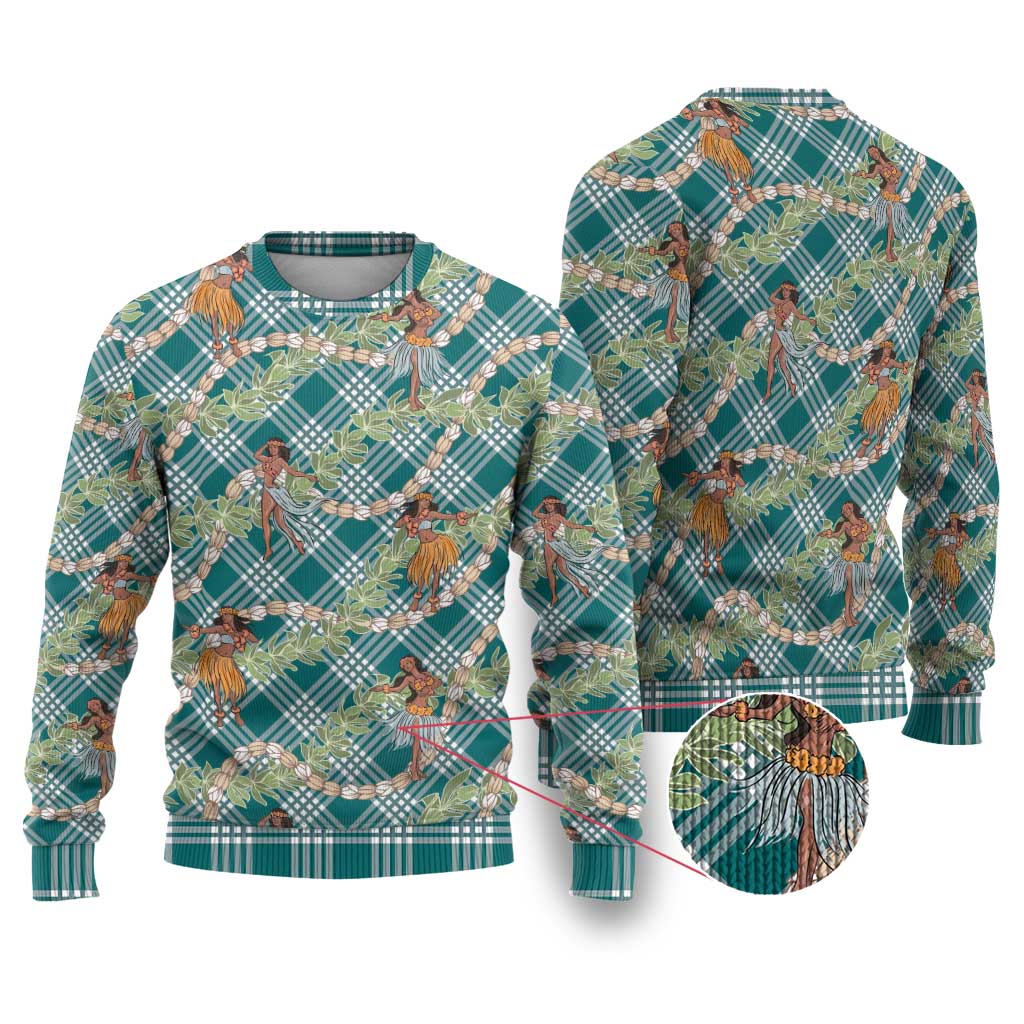Teal Palaka Hula Girls Seamless Hawaii Aloha Ugly Christmas Sweater LT7 Teal - Polynesian Pride