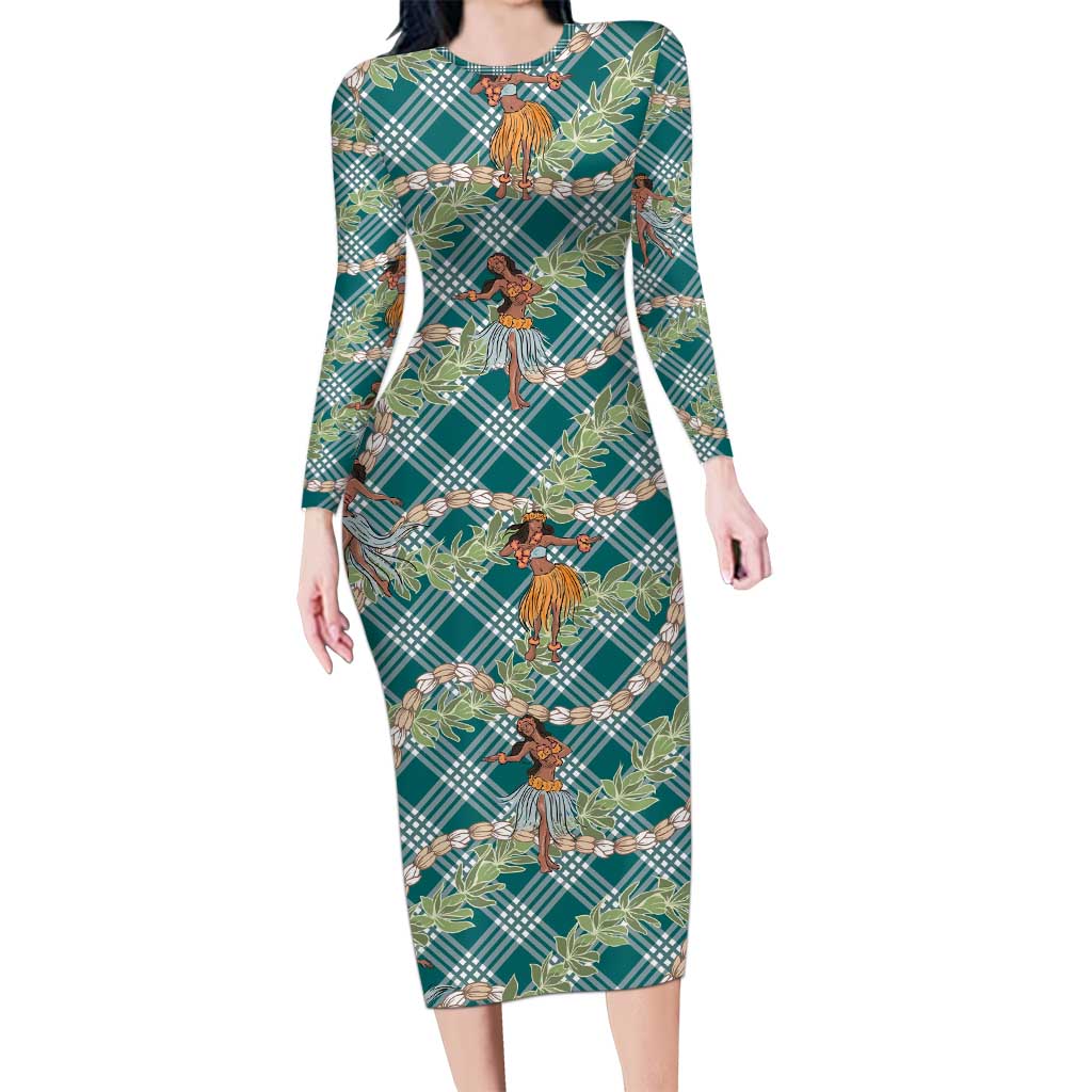 Teal Palaka Hula Girls Seamless Hawaii Aloha Long Sleeve Bodycon Dress LT7 Long Dress Teal - Polynesian Pride