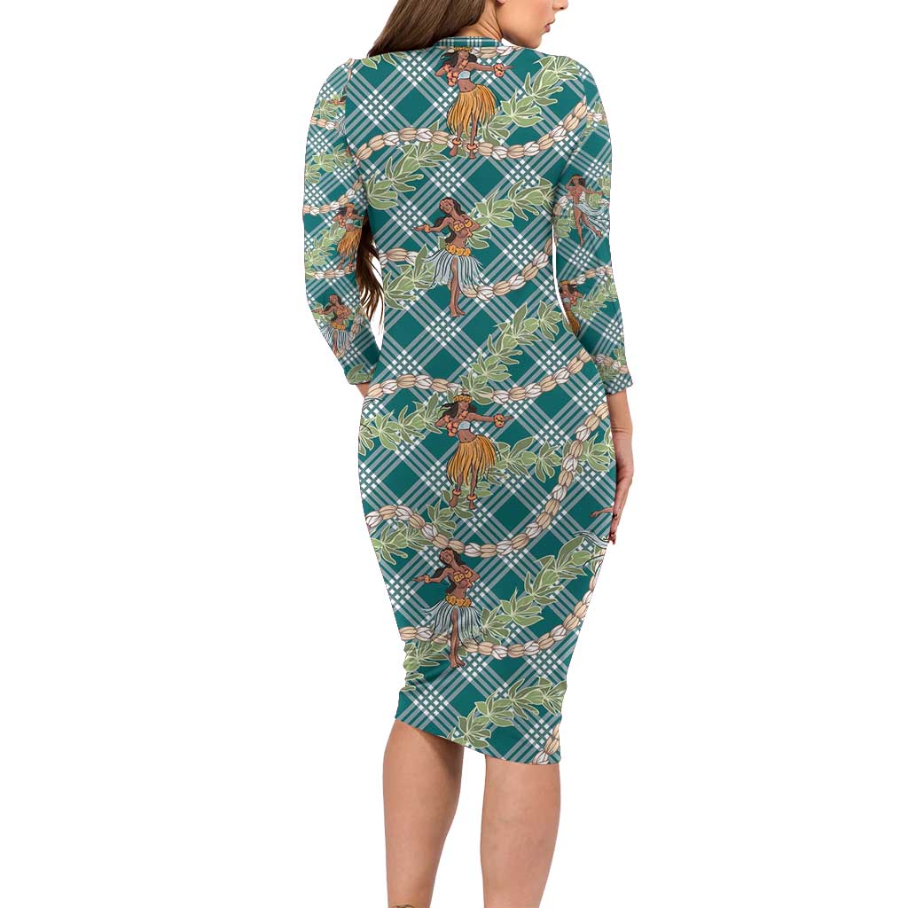 Teal Palaka Hula Girls Seamless Hawaii Aloha Long Sleeve Bodycon Dress LT7 - Polynesian Pride