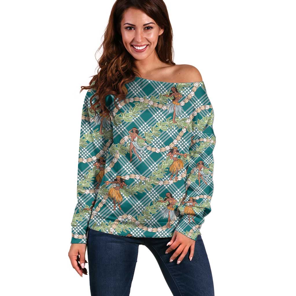 Teal Palaka Hula Girls Seamless Hawaii Aloha Off Shoulder Sweater LT7 Women Teal - Polynesian Pride