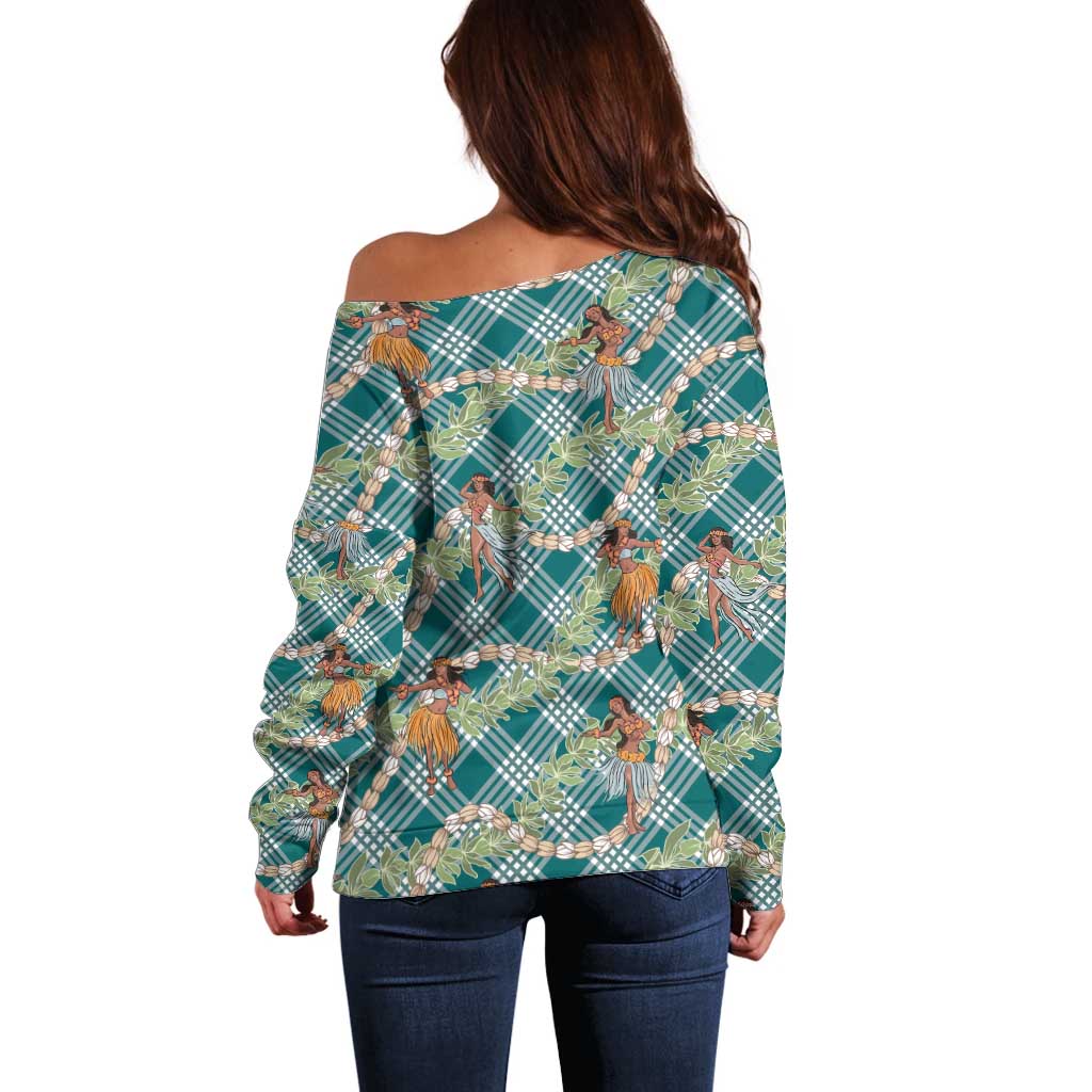 Teal Palaka Hula Girls Seamless Hawaii Aloha Off Shoulder Sweater LT7 - Polynesian Pride