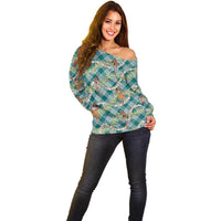 Teal Palaka Hula Girls Seamless Hawaii Aloha Off Shoulder Sweater LT7 - Polynesian Pride