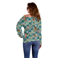 Teal Palaka Hula Girls Seamless Hawaii Aloha Off Shoulder Sweater LT7 - Polynesian Pride