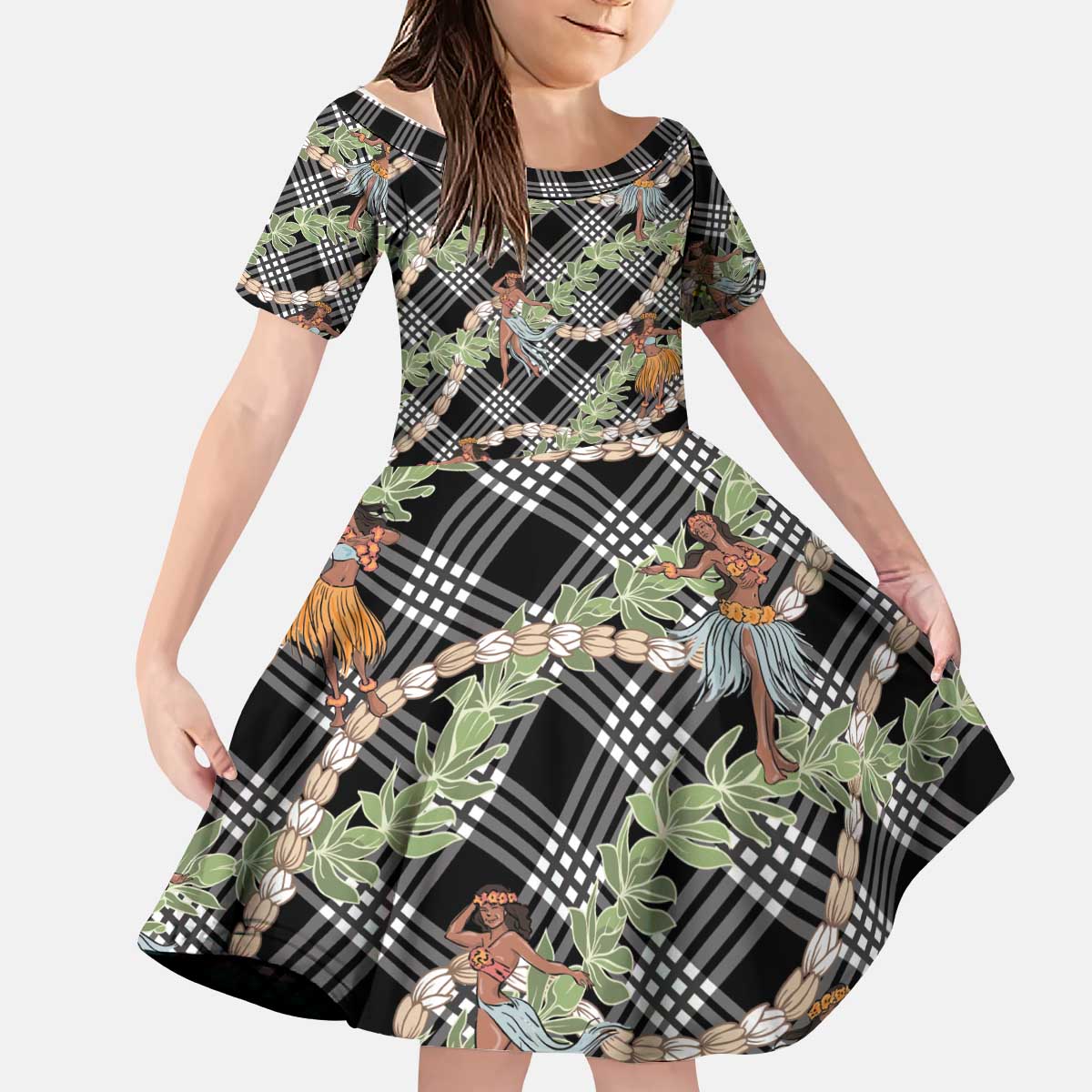 Sable Palaka Hula Girls Seamless Hawaii Aloha Kid Short Sleeve Dress LT7 KID Black - Polynesian Pride