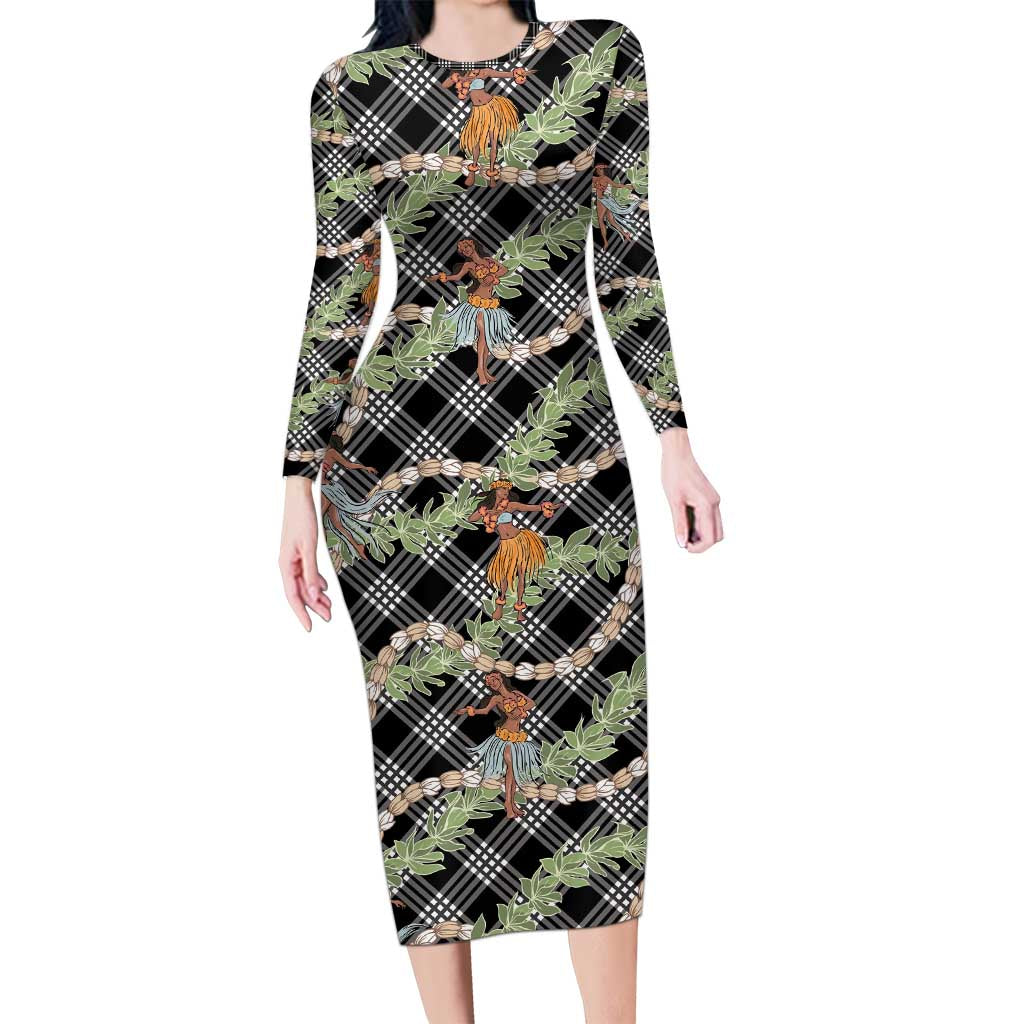 Sable Palaka Hula Girls Seamless Hawaii Aloha Long Sleeve Bodycon Dress LT7 Long Dress Black - Polynesian Pride