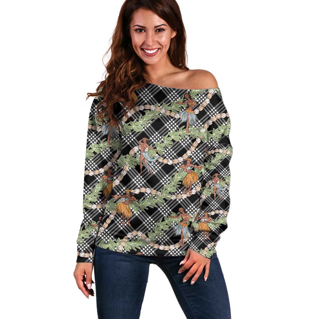 Sable Palaka Hula Girls Seamless Hawaii Aloha Off Shoulder Sweater LT7 Women Black - Polynesian Pride