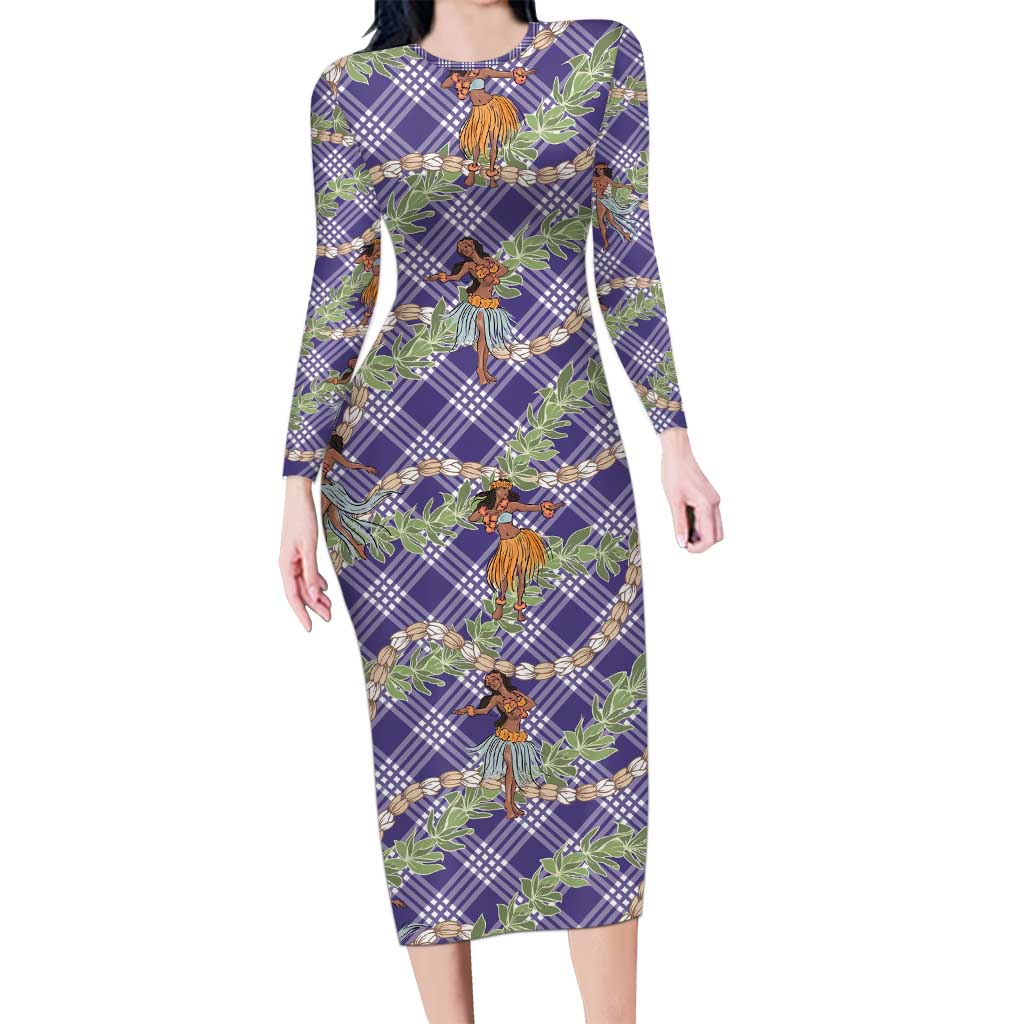 Lavender Palaka Hula Girls Seamless Hawaii Aloha Long Sleeve Bodycon Dress LT7 Long Dress Lavender - Polynesian Pride