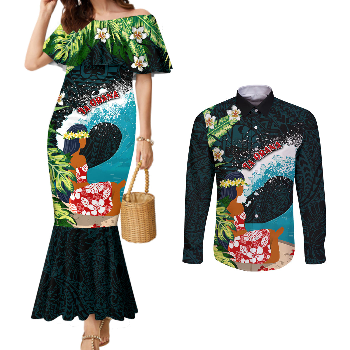 Tahiti Ia Orana Couples Matching Mermaid Dress and Long Sleeve Button Shirt Tahitian Vahine LT7 Colorful - Polynesian Pride