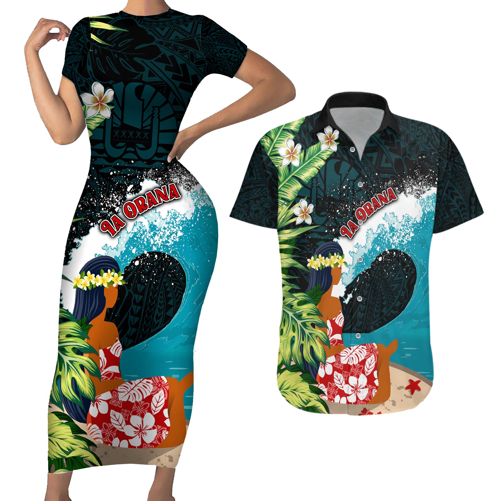 Tahiti Ia Orana Couples Matching Short Sleeve Bodycon Dress and Hawaiian Shirt Tahitian Vahine LT7 Colorful - Polynesian Pride