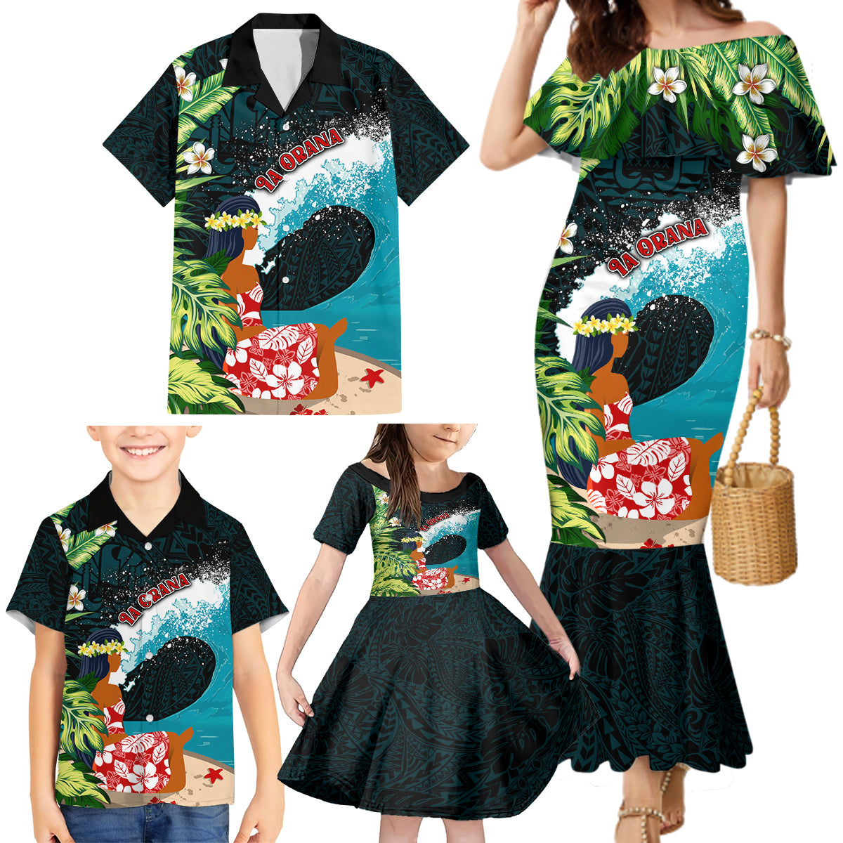 Tahiti Ia Orana Family Matching Mermaid Dress and Hawaiian Shirt Tahitian Vahine LT7 - Polynesian Pride