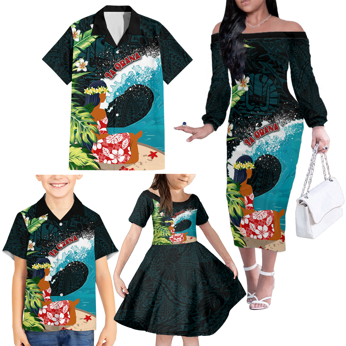 Tahiti Ia Orana Family Matching Off Shoulder Long Sleeve Dress and Hawaiian Shirt Tahitian Vahine LT7 - Polynesian Pride