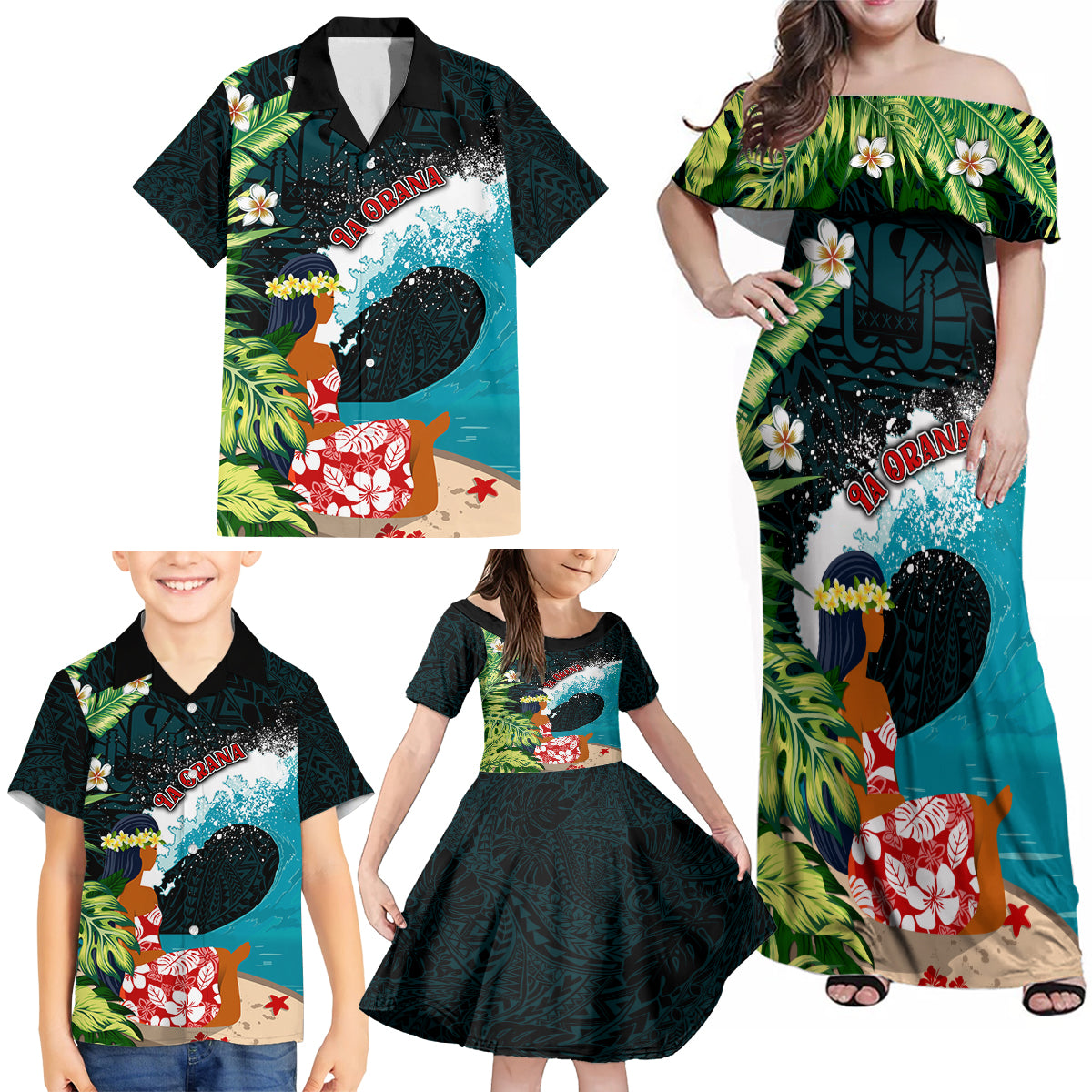 Tahiti Ia Orana Family Matching Off Shoulder Maxi Dress and Hawaiian Shirt Tahitian Vahine LT7 - Polynesian Pride