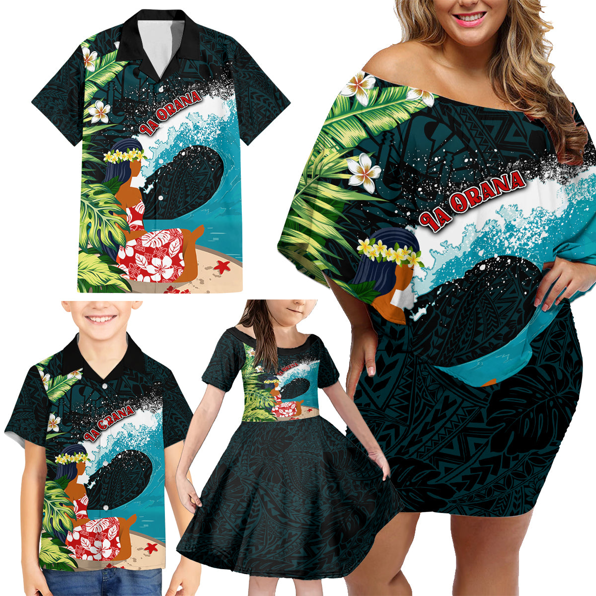 Tahiti Ia Orana Family Matching Off Shoulder Short Dress and Hawaiian Shirt Tahitian Vahine LT7 - Polynesian Pride