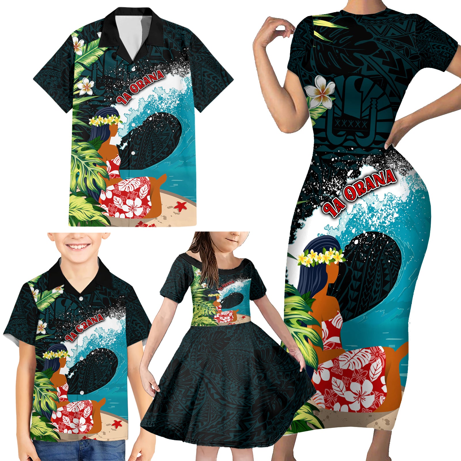 Tahiti Ia Orana Family Matching Short Sleeve Bodycon Dress and Hawaiian Shirt Tahitian Vahine LT7 - Polynesian Pride