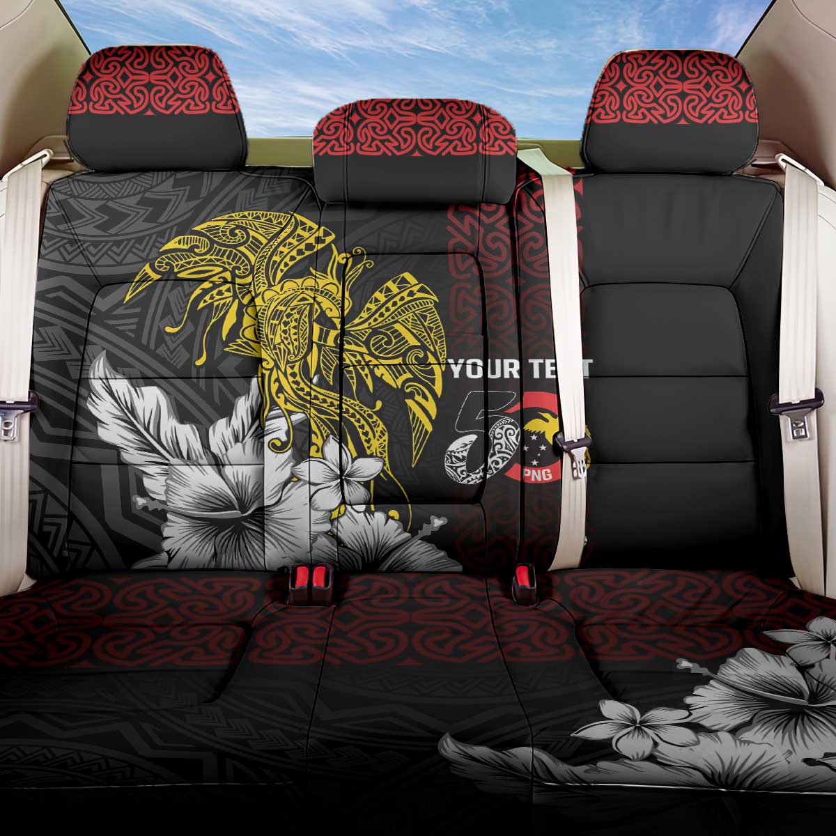 Personalized Papua New Guinea 50th Independence Anniversary Back Car Seat Cover Oro Tapa Mix Plumeria LT7 One Size Black - Polynesian Pride