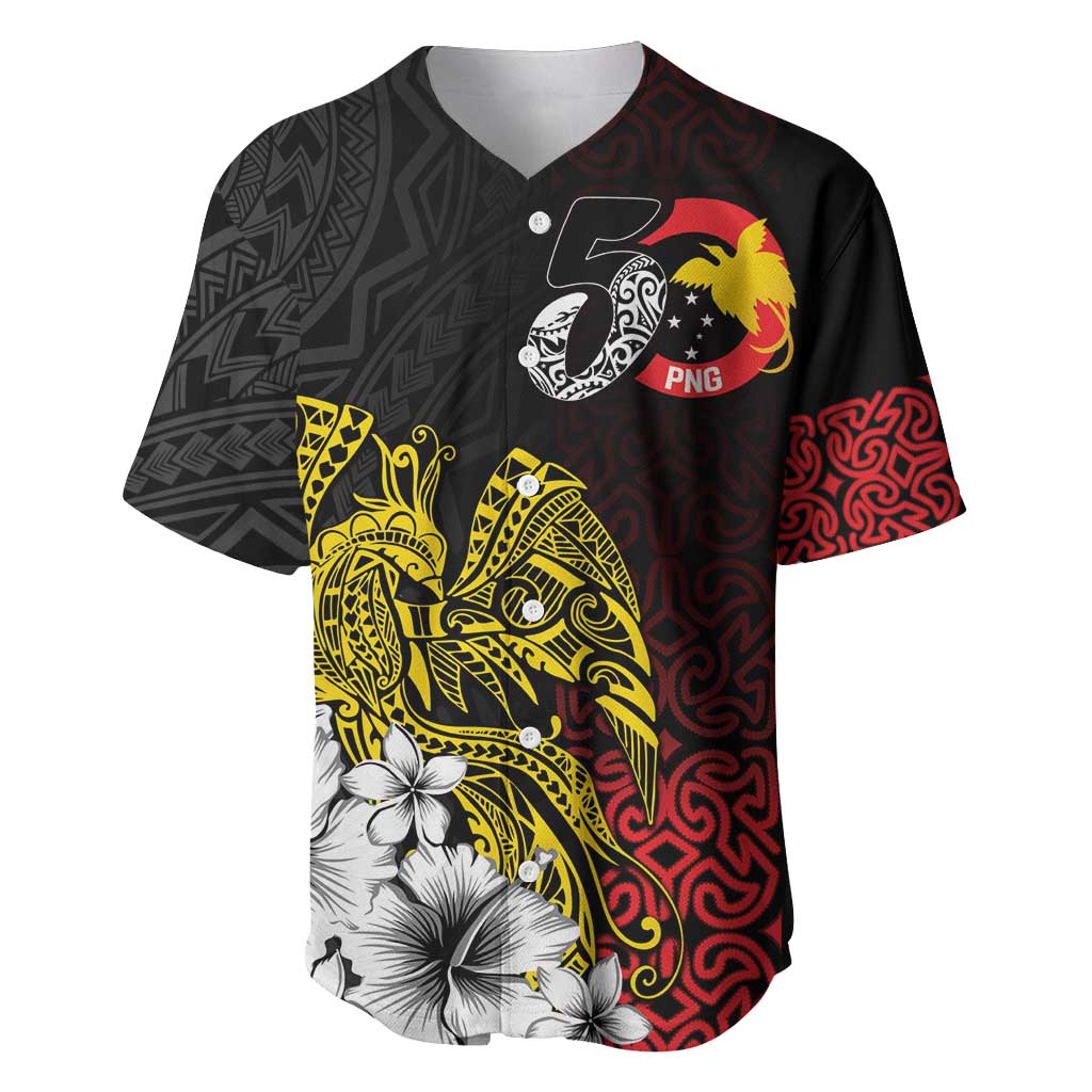 Personalized Papua New Guinea 50th Independence Anniversary Baseball Jersey Oro Tapa Mix Plumeria LT7 Black - Polynesian Pride