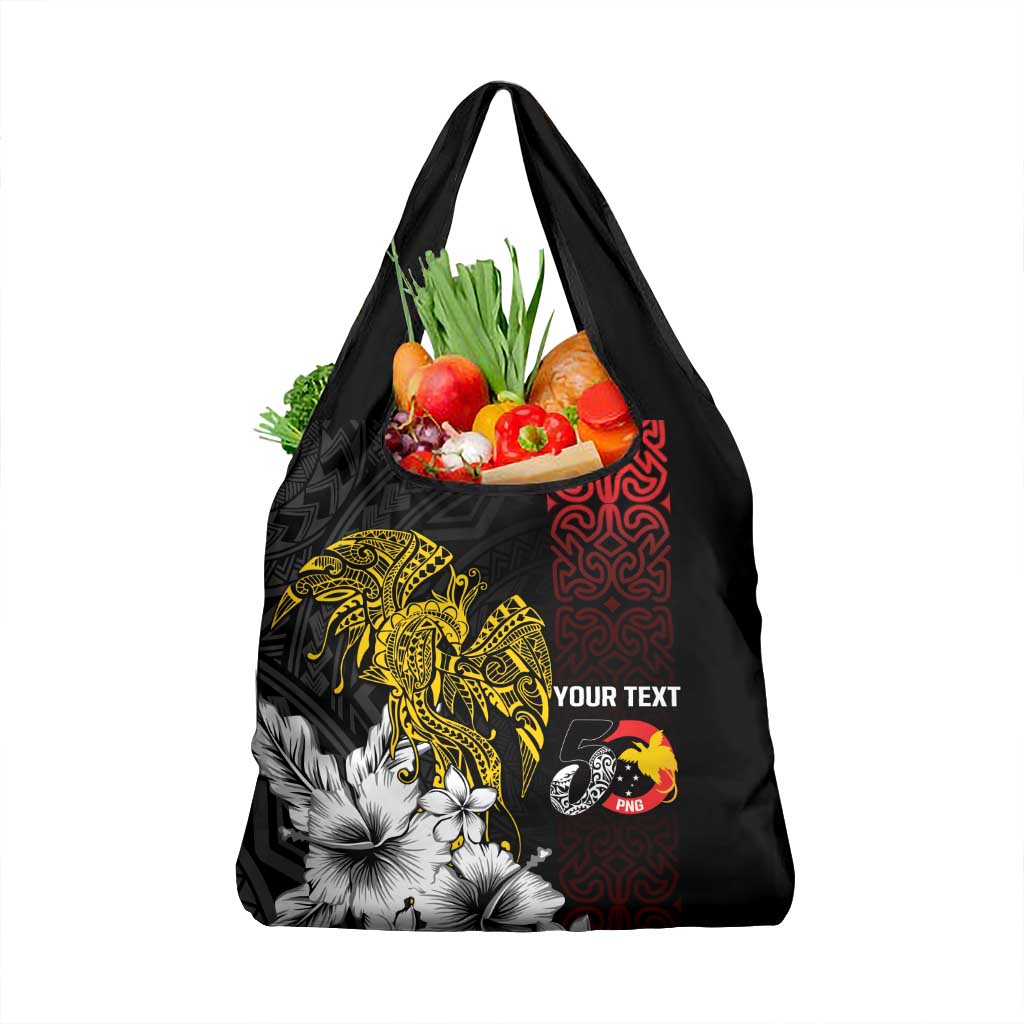 Personalized Papua New Guinea 50th Independence Anniversary Grocery Bag Oro Tapa Mix Plumeria LT7 1-pack One Size Black - Polynesian Pride