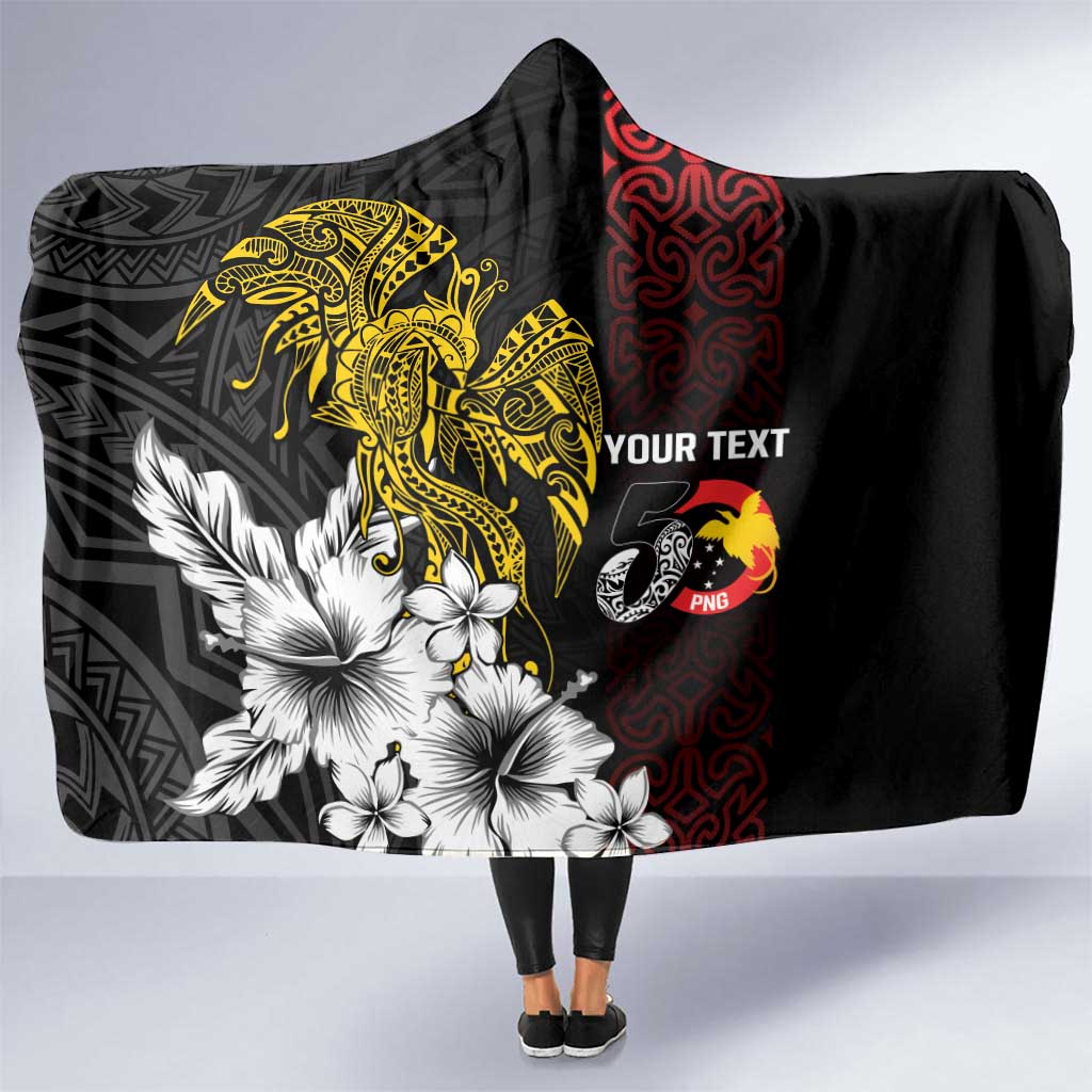 Personalized Papua New Guinea 50th Independence Anniversary Hooded Blanket Oro Tapa Mix Plumeria LT7 One Size Black - Polynesian Pride