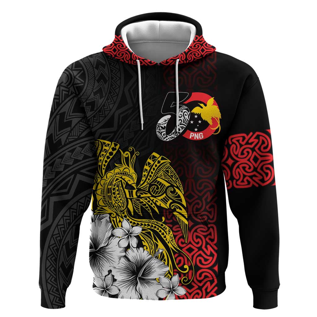 Personalized Papua New Guinea 50th Independence Anniversary Hoodie Oro Tapa Mix Plumeria LT7 Pullover Hoodie Black - Polynesian Pride