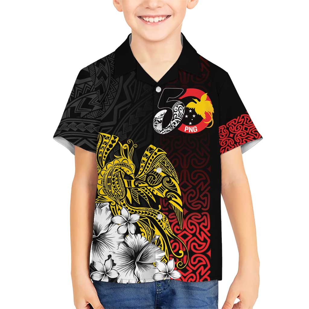 Personalized Papua New Guinea 50th Independence Anniversary Kid Hawaiian Shirt Oro Tapa Mix Plumeria LT7 Kid Black - Polynesian Pride