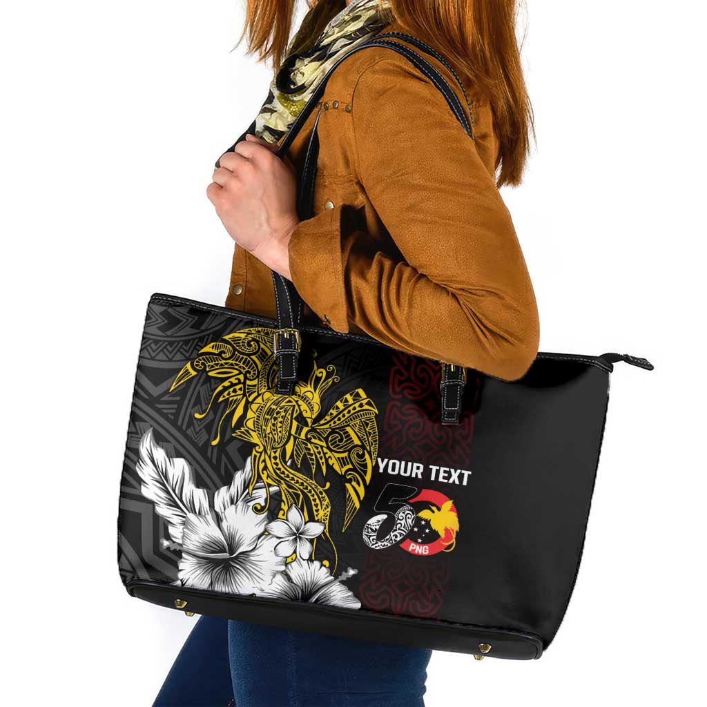 Personalized Papua New Guinea 50th Independence Anniversary Leather Tote Bag Oro Tapa Mix Plumeria LT7 Black - Polynesian Pride