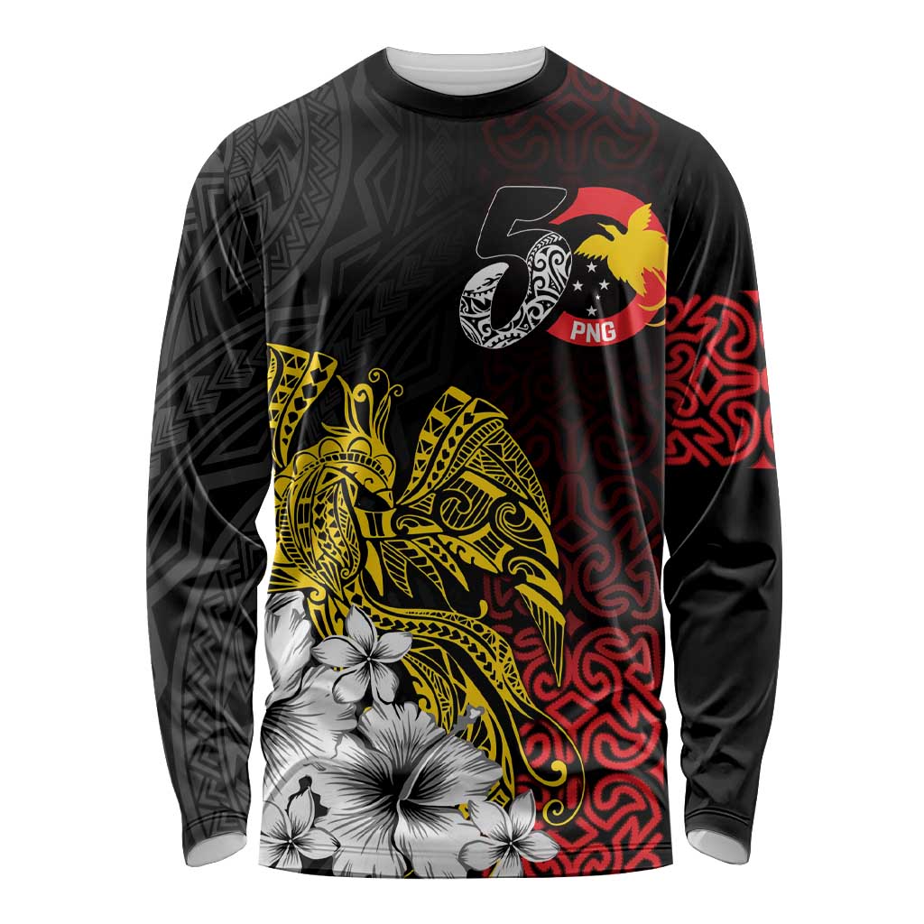 Personalized Papua New Guinea 50th Independence Anniversary Long Sleeve Shirt Oro Tapa Mix Plumeria LT7 Unisex Black - Polynesian Pride