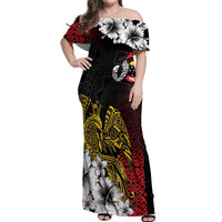 Personalized Papua New Guinea 50th Independence Anniversary Off Shoulder Maxi Dress Oro Tapa Mix Plumeria LT7 Women Black - Polynesian Pride