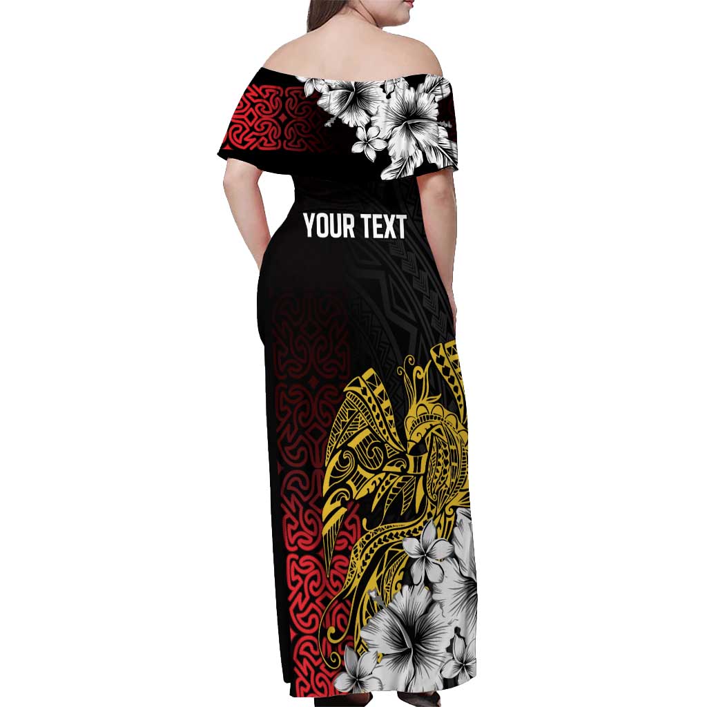Personalized Papua New Guinea 50th Independence Anniversary Off Shoulder Maxi Dress Oro Tapa Mix Plumeria LT7 - Polynesian Pride